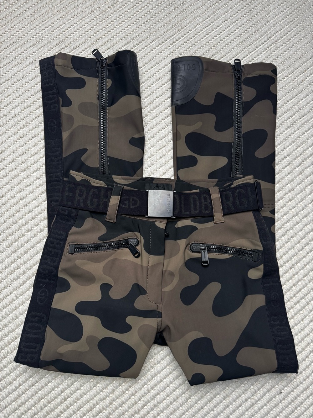 Goldbergh Pippa Belted Ski Pants Brown Black Camouflage Print Waterproof US 12
